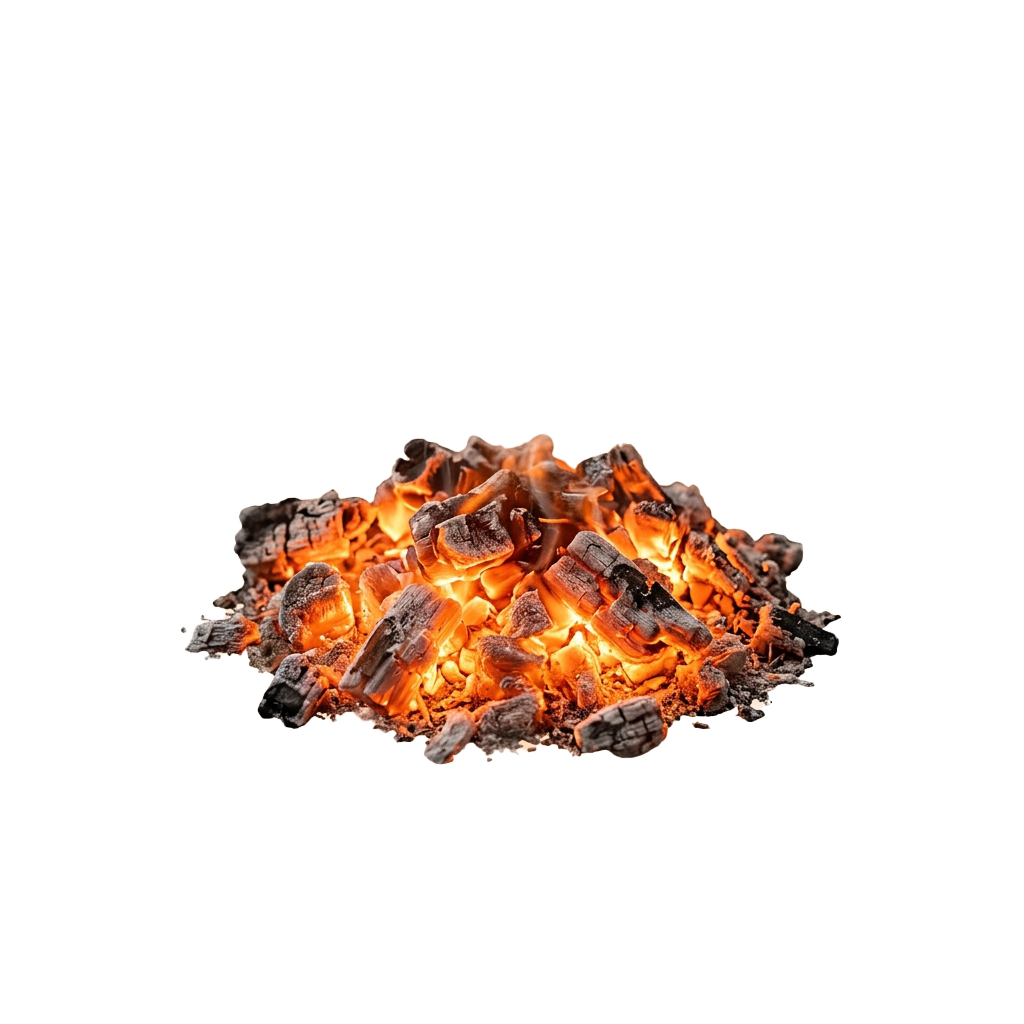 Close-up image of glowing charcoal briquettes burning with bright orange flames and embers