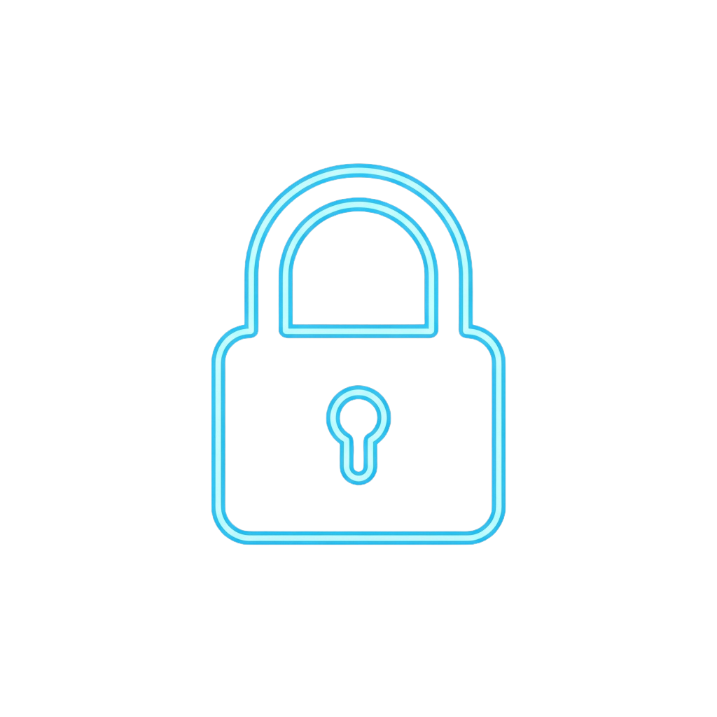 A cyan outline of a padlock with a keyhole symbolizing security and privacy