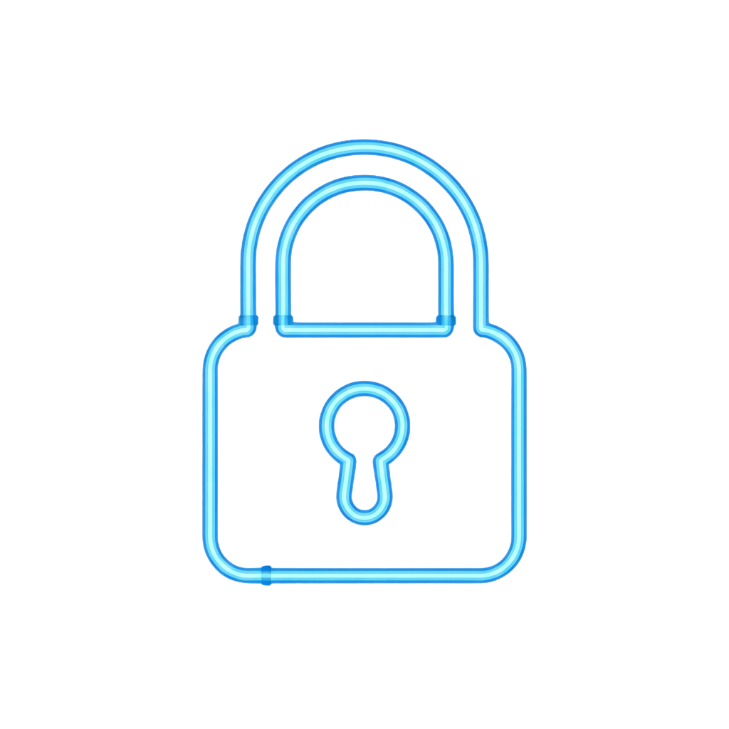 A glowing blue outline of a padlock with a keyhole, set against a black background