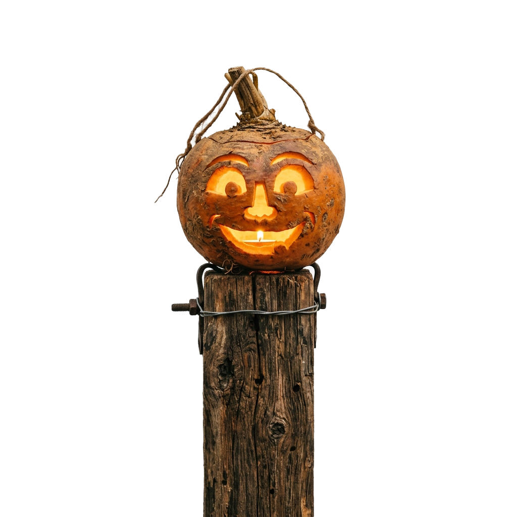 A carved pumpkin with a smiling face lit from inside, hanging on a wooden post.