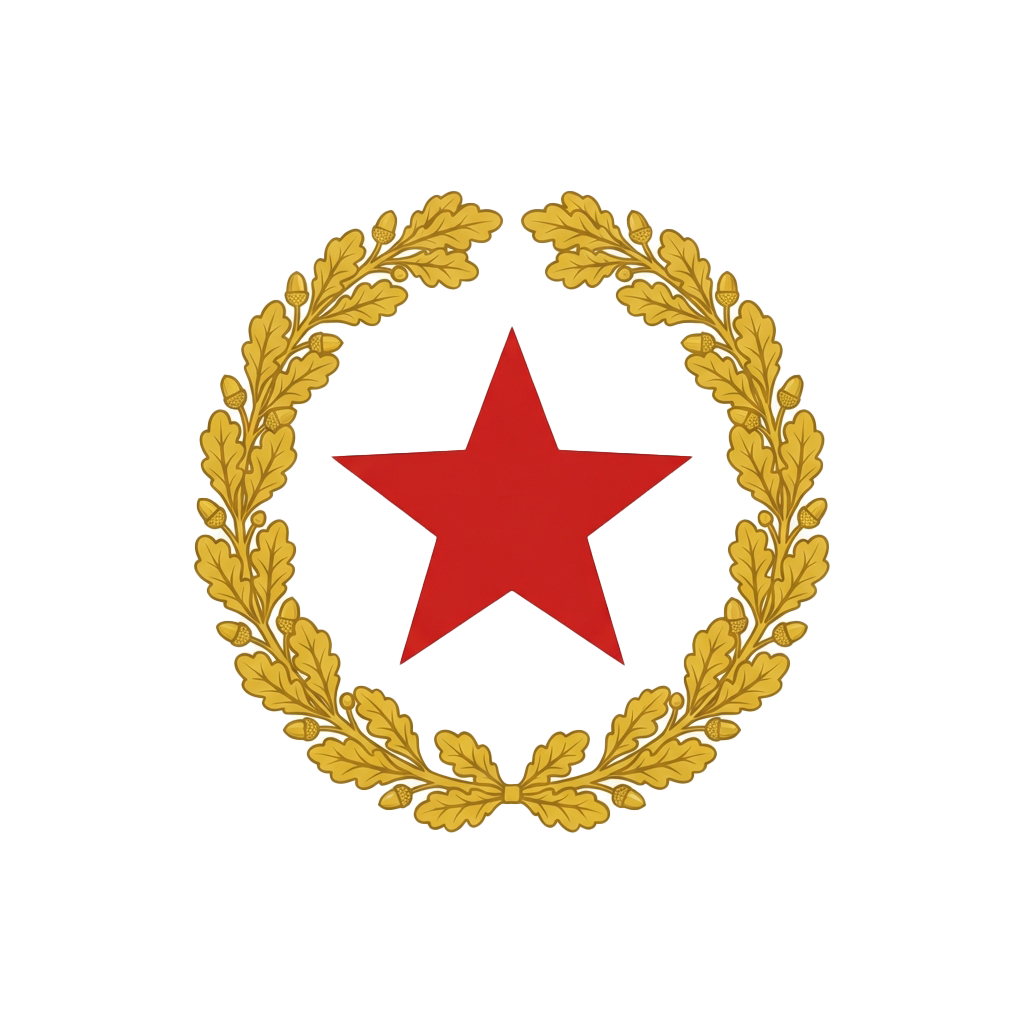 A red star centered inside a gold laurel wreath on a black background