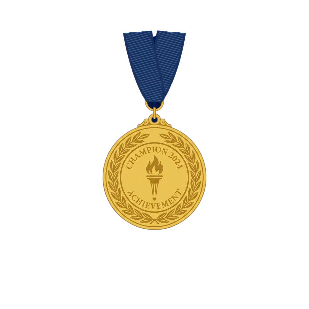 Gold medal with laurel wreath and flame emblem, labeled Champion 2024 Achievement, hanging from blue ribbon