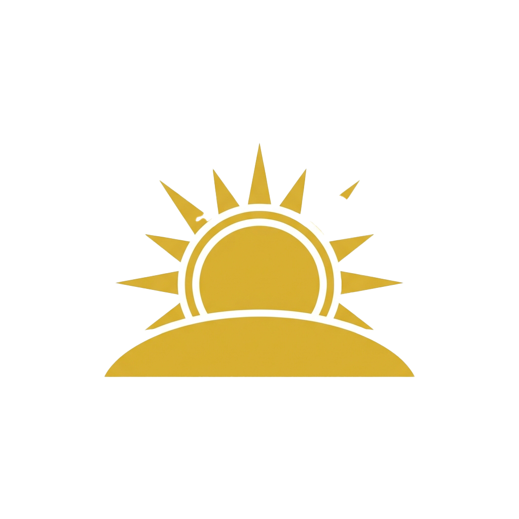 A stylized sun with rays emerging above a curved horizon line
