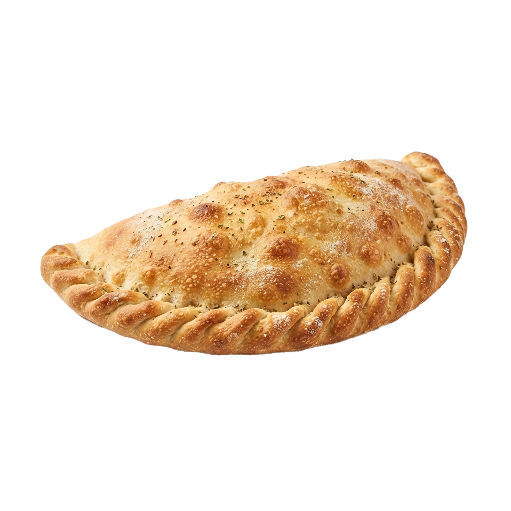 A baked empanada with golden, flaky crust and visible seasoned filling inside