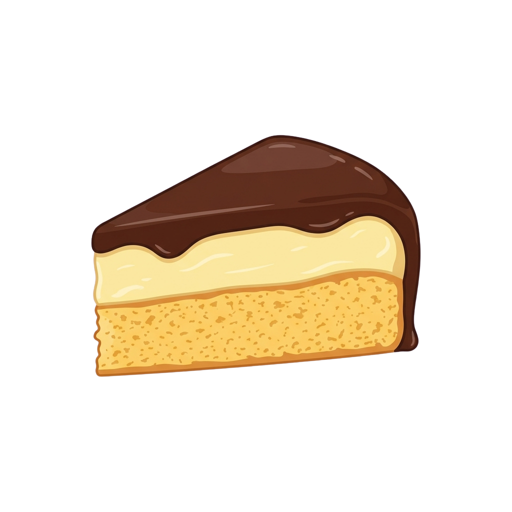 Illustration of a slice of cake with chocolate glaze, cream filling, and crumb base