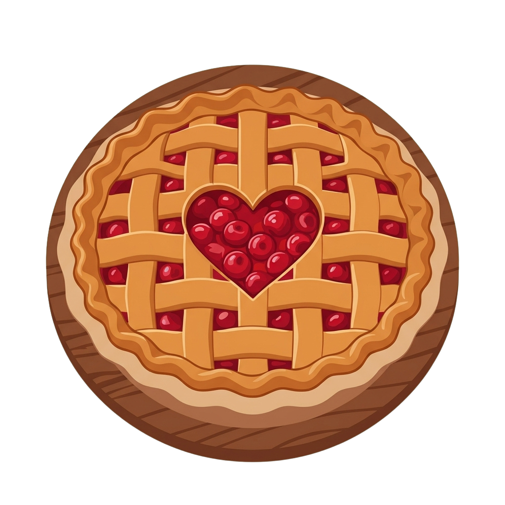 A round cherry lattice pie with a heart-shaped filling of cherries in the center on a wooden surface