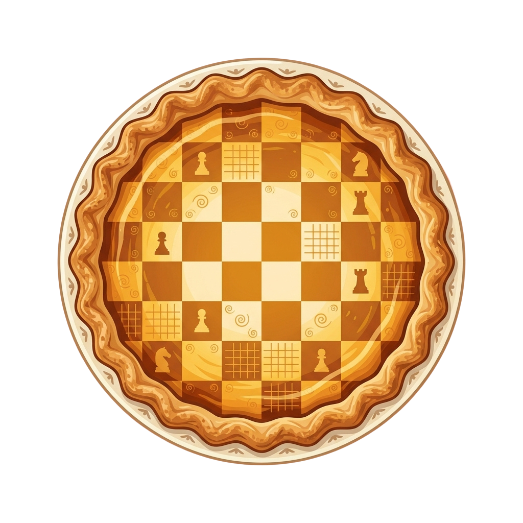 A round pie with a chessboard pattern and chess pieces baked into each square.