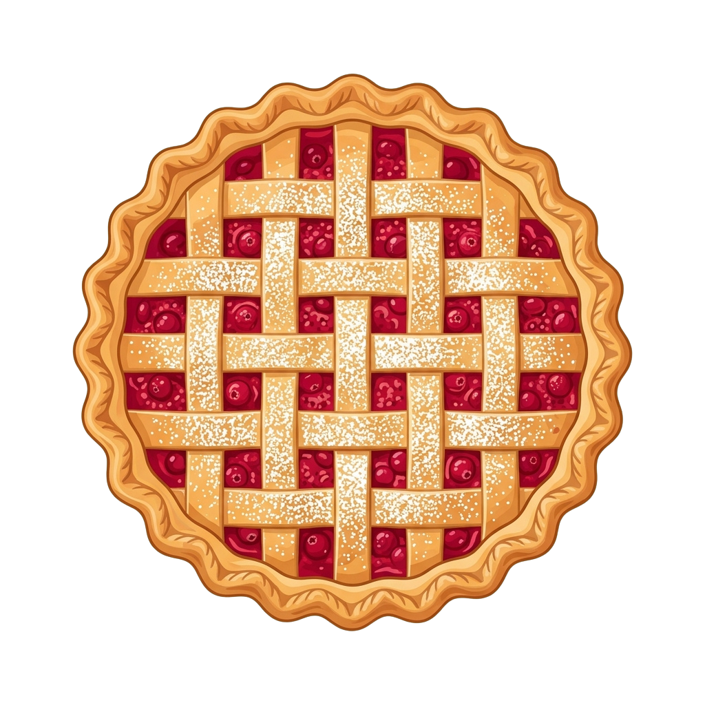 A round tart with a golden crust and lattice pattern filled with red berry filling