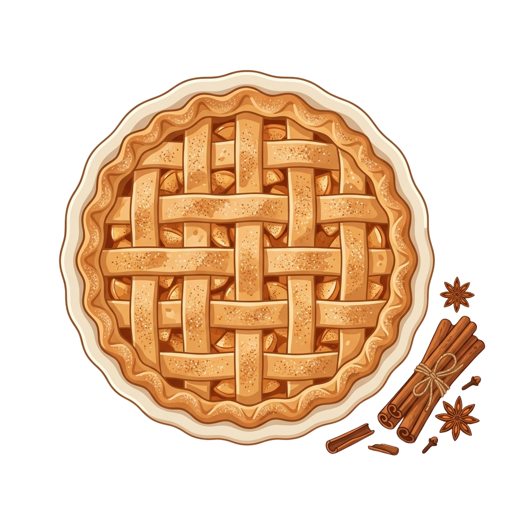 Illustration of a golden-brown lattice-topped pie with cinnamon sticks and star anise nearby
