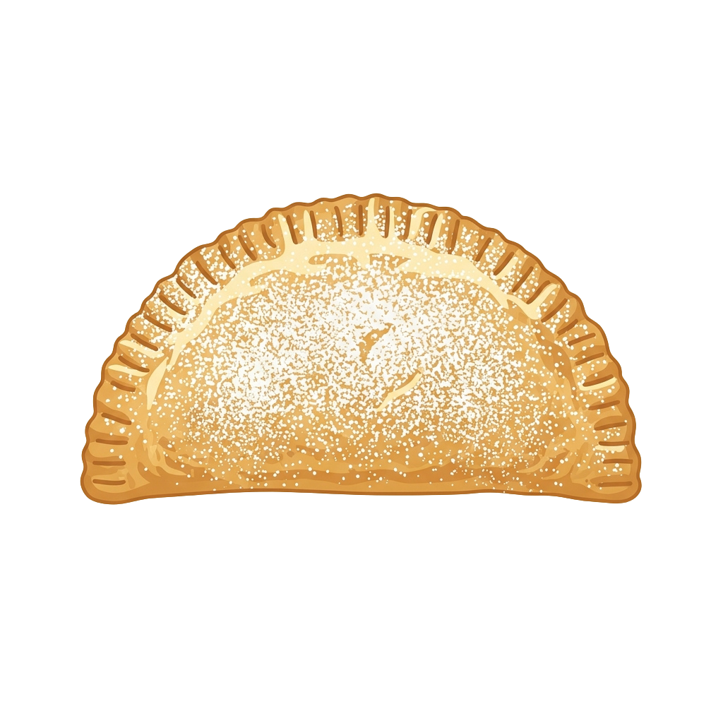 A golden-brown baked empanada with a flaky, crimped pastry crust and a sprinkled topping