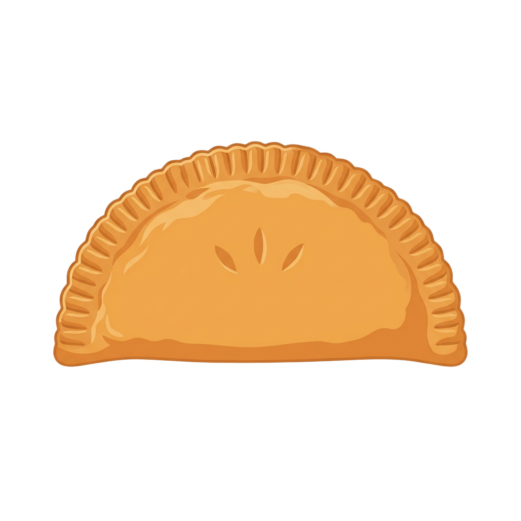 An illustration of a golden-brown baked empanada with a crimped edge and visible filling