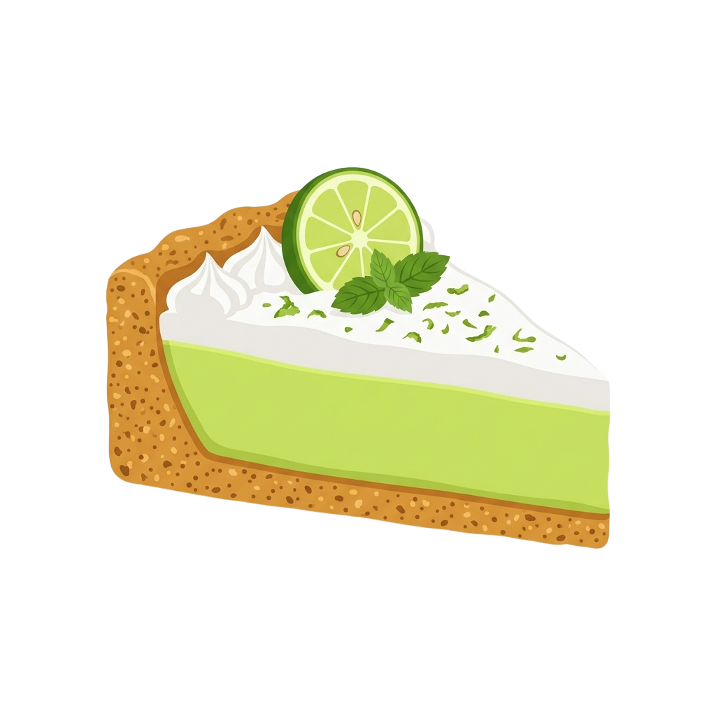 A slice of lime cheesecake on a crust with whipped cream, lime garnish, and mint leaves