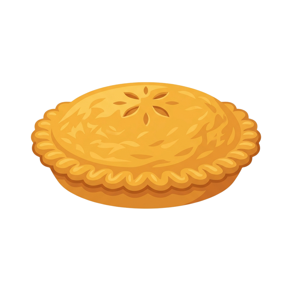 Illustration of a golden-brown fruit pie with a scalloped crust and decorative cutout on top
