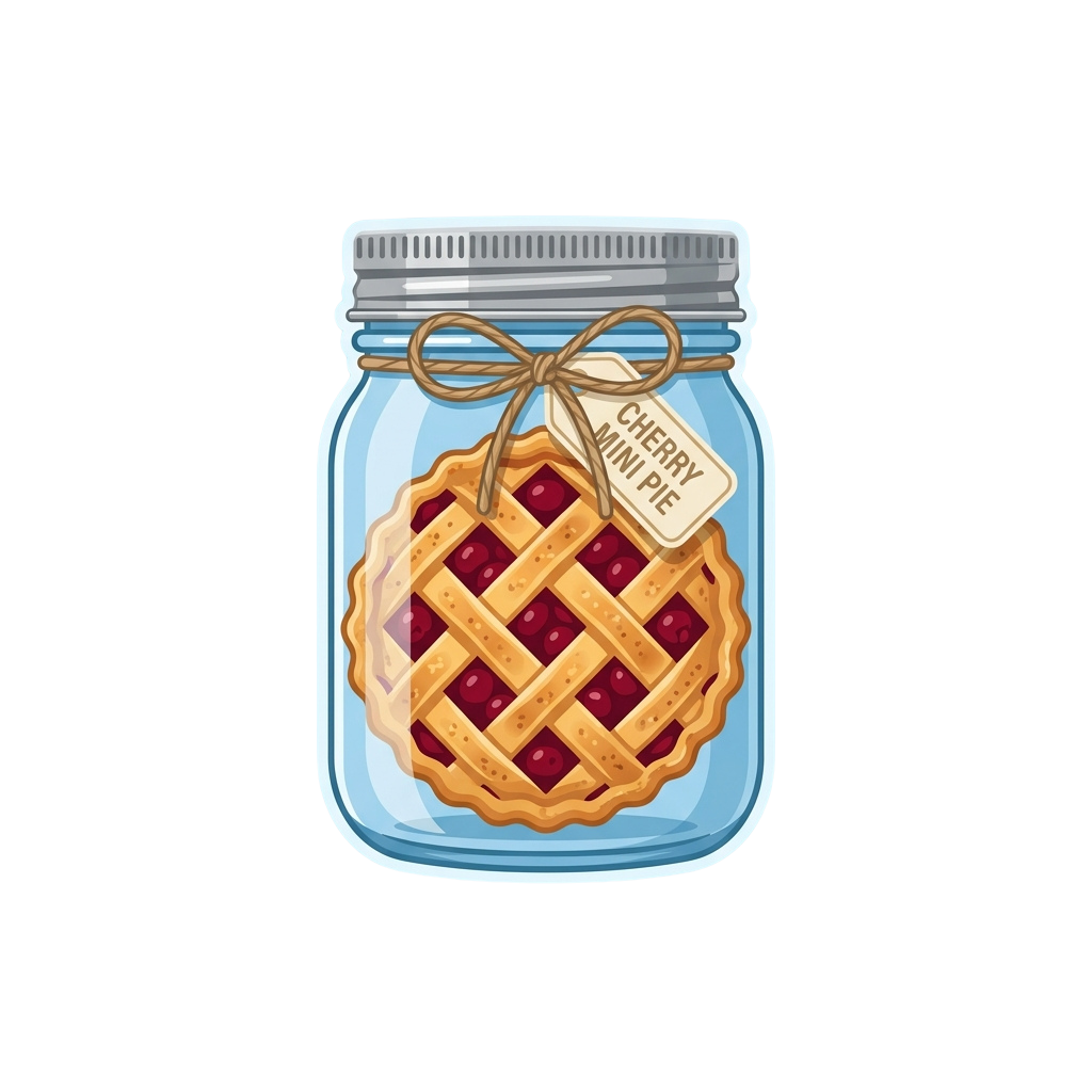 A jar containing a small cherry lattice pie tied with twine and a label reading Cherry Mini Pie