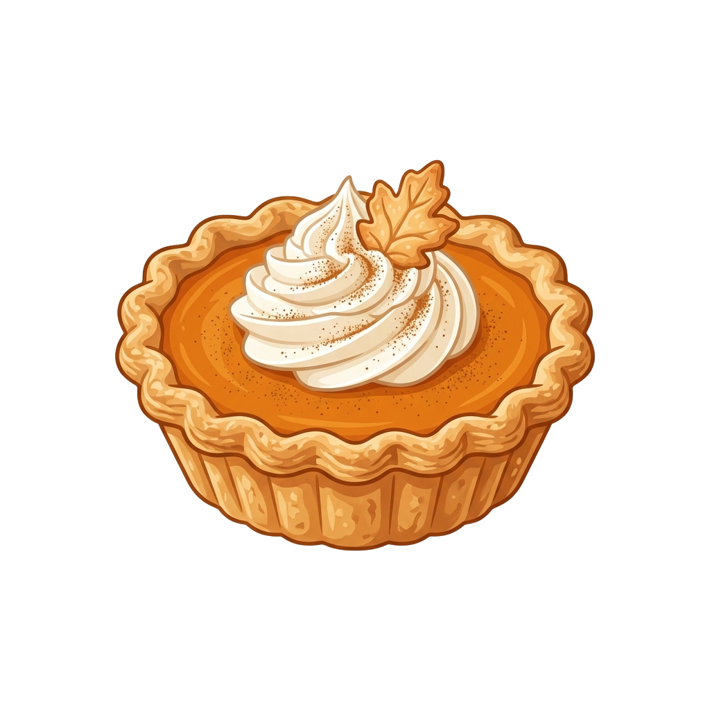 A pumpkin pie in a flaky tart shell topped with whipped cream and a decorative autumn leaf.