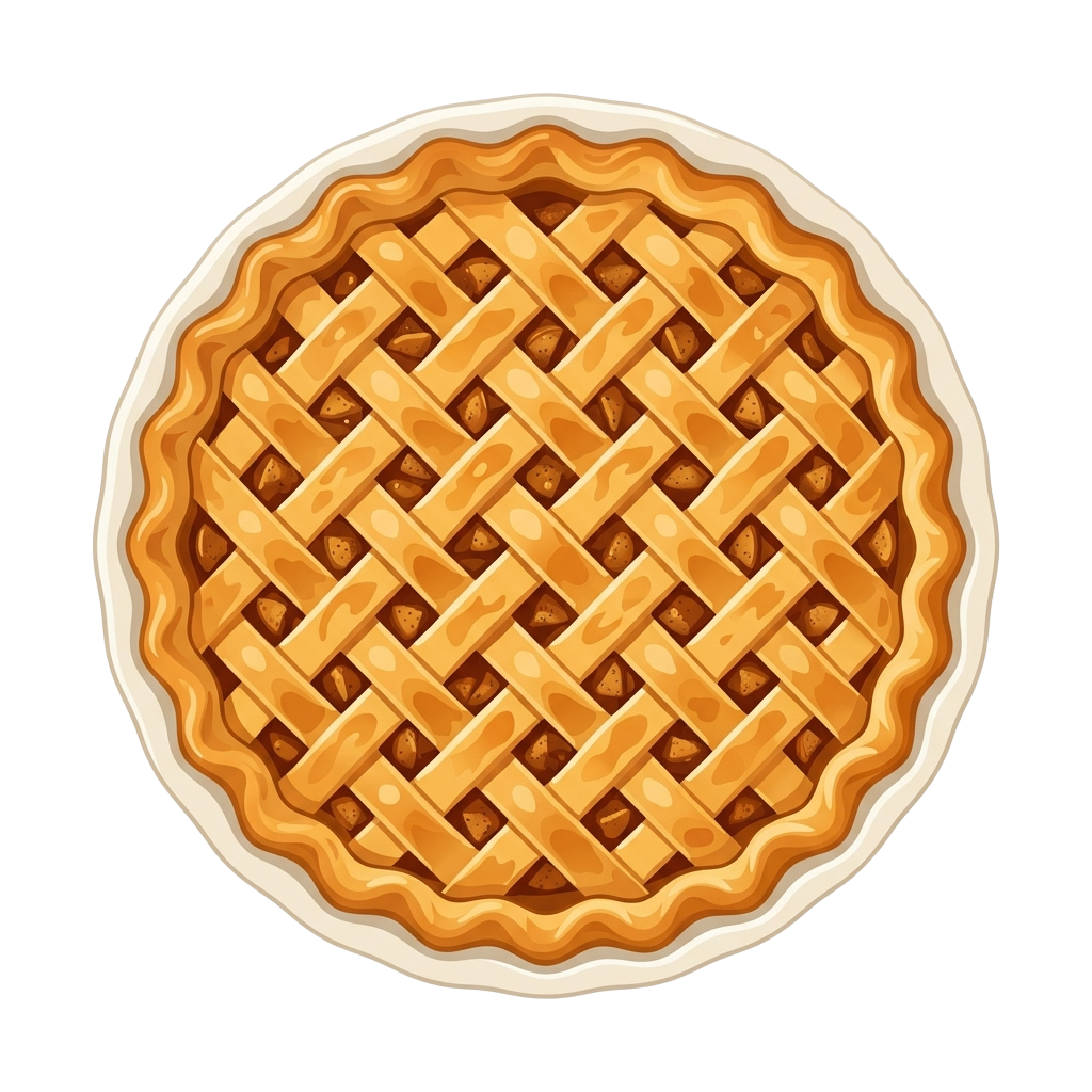 A round apple pie with a golden lattice crust on a white plate against a black background
