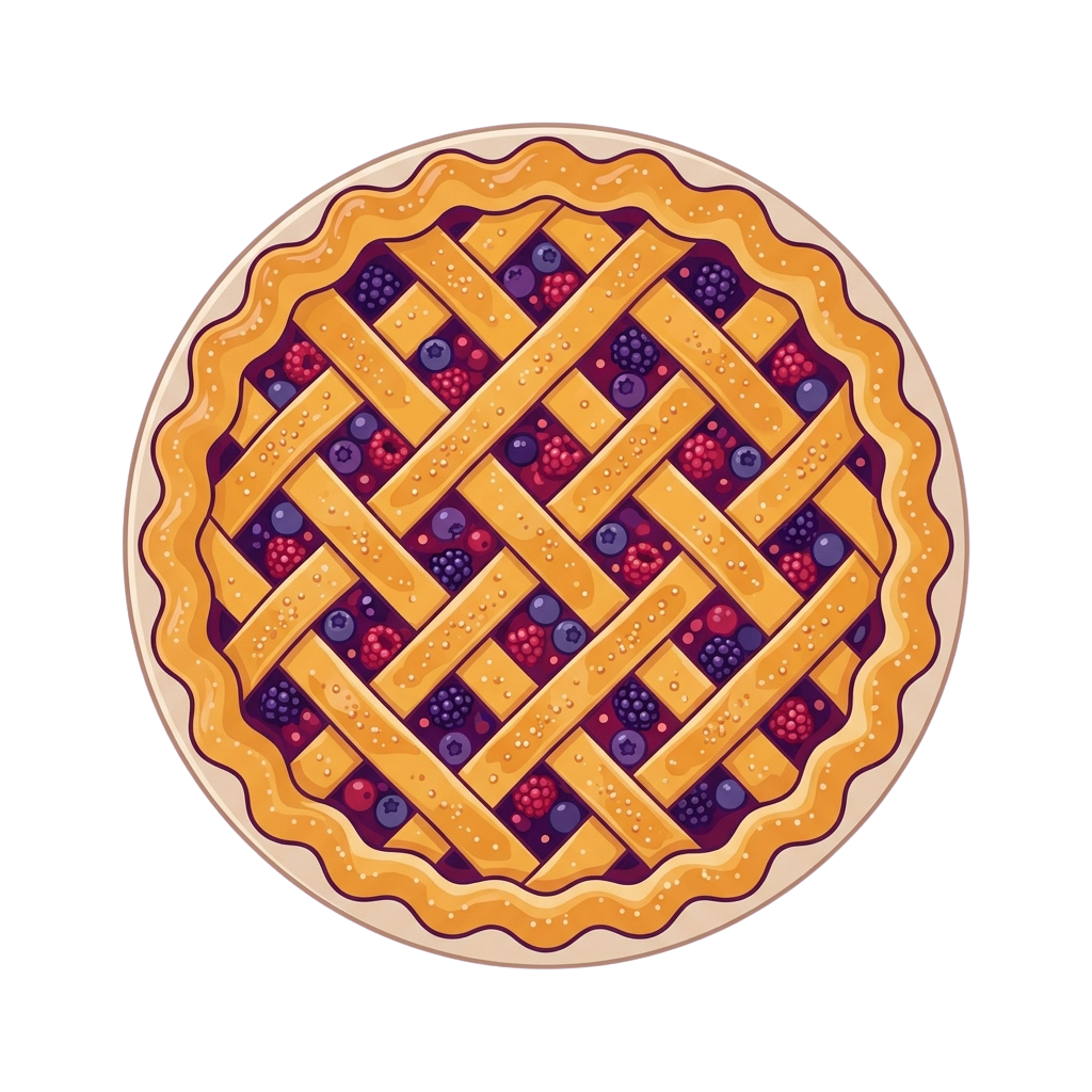 A round berry pie with golden lattice crust and mixed berries filling