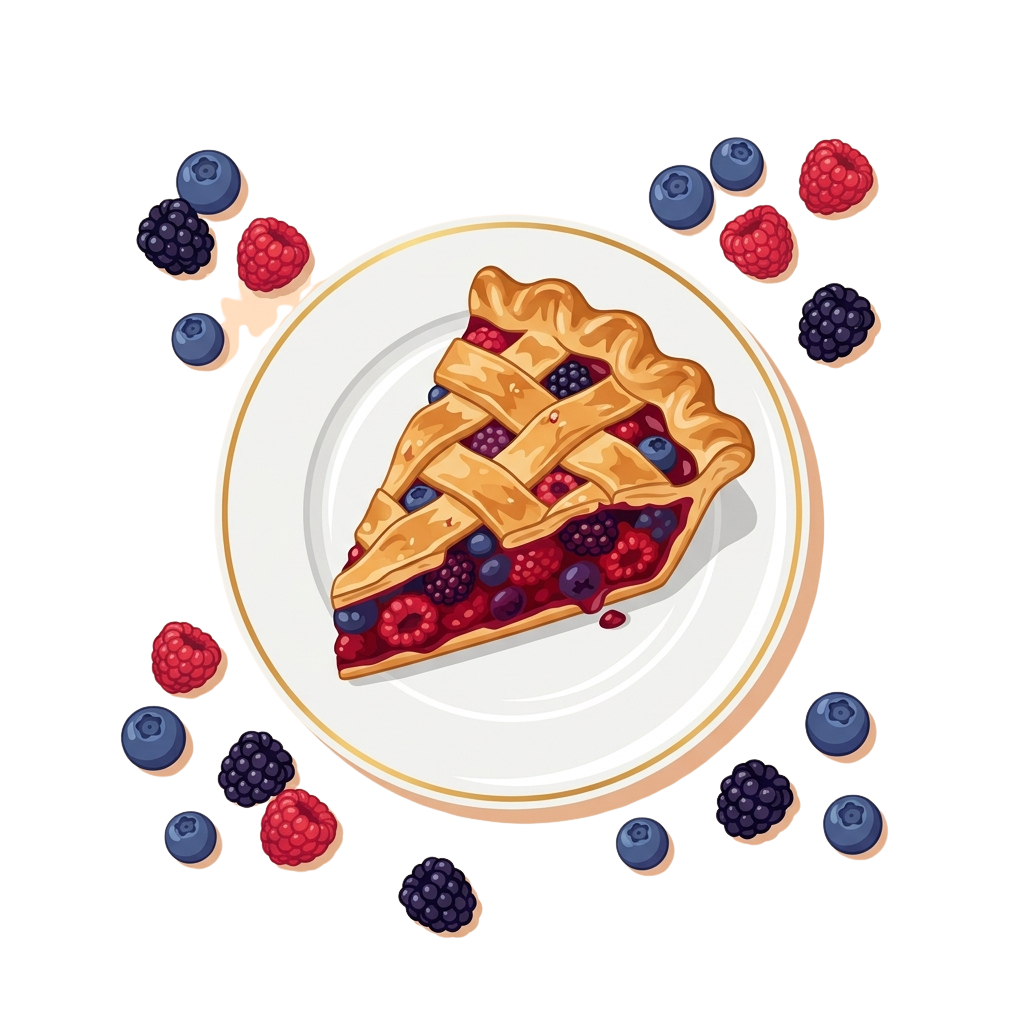 A slice of berry lattice pie on a white plate with scattered berries around it