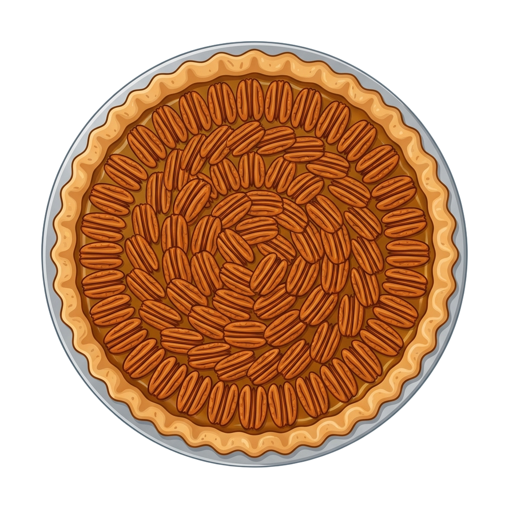 A pecan pie with golden crust and pecans arranged in a circular pattern on top, placed in a metal pie pan.