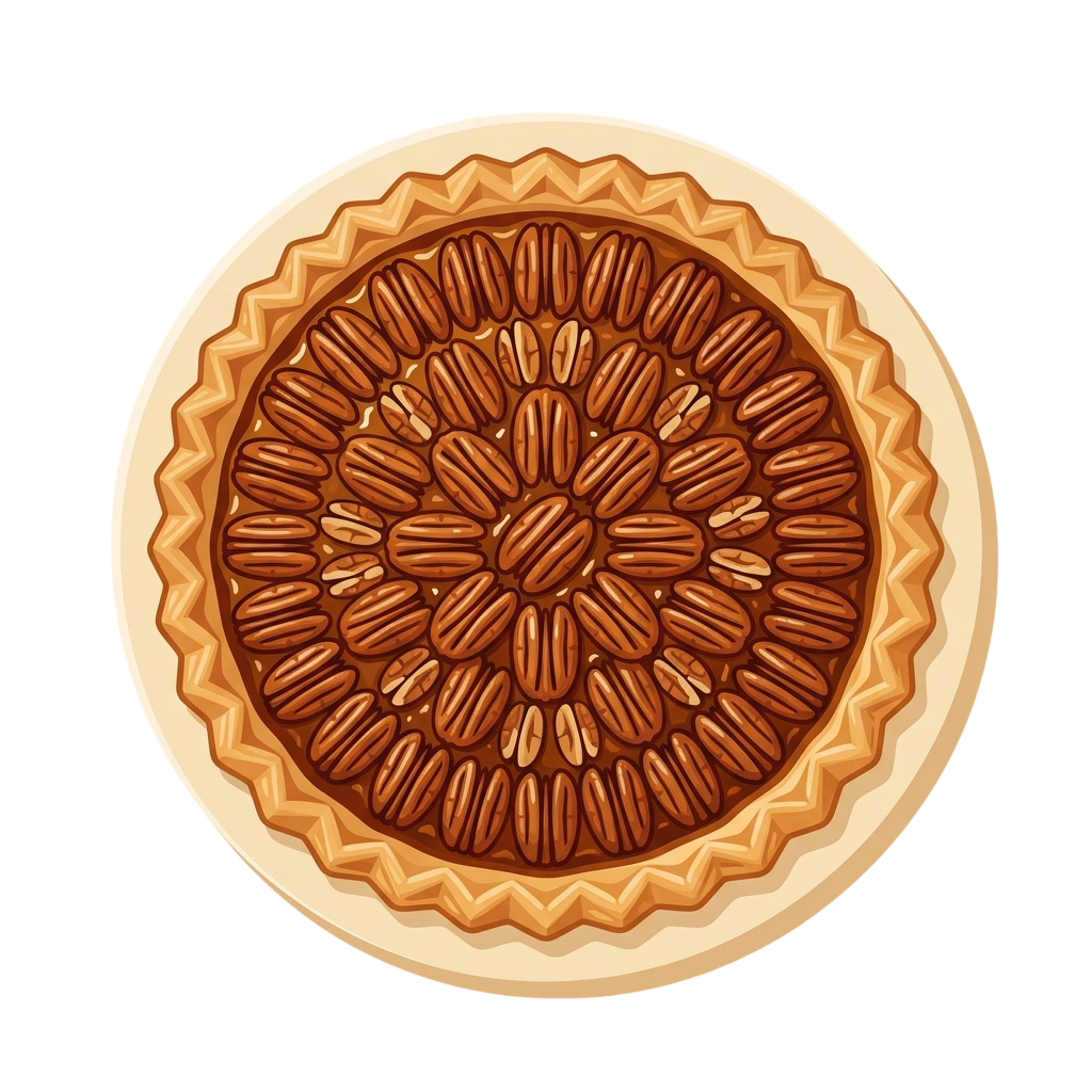 A pecan pie with a golden crust edge and pecans arranged in a circular pattern on top