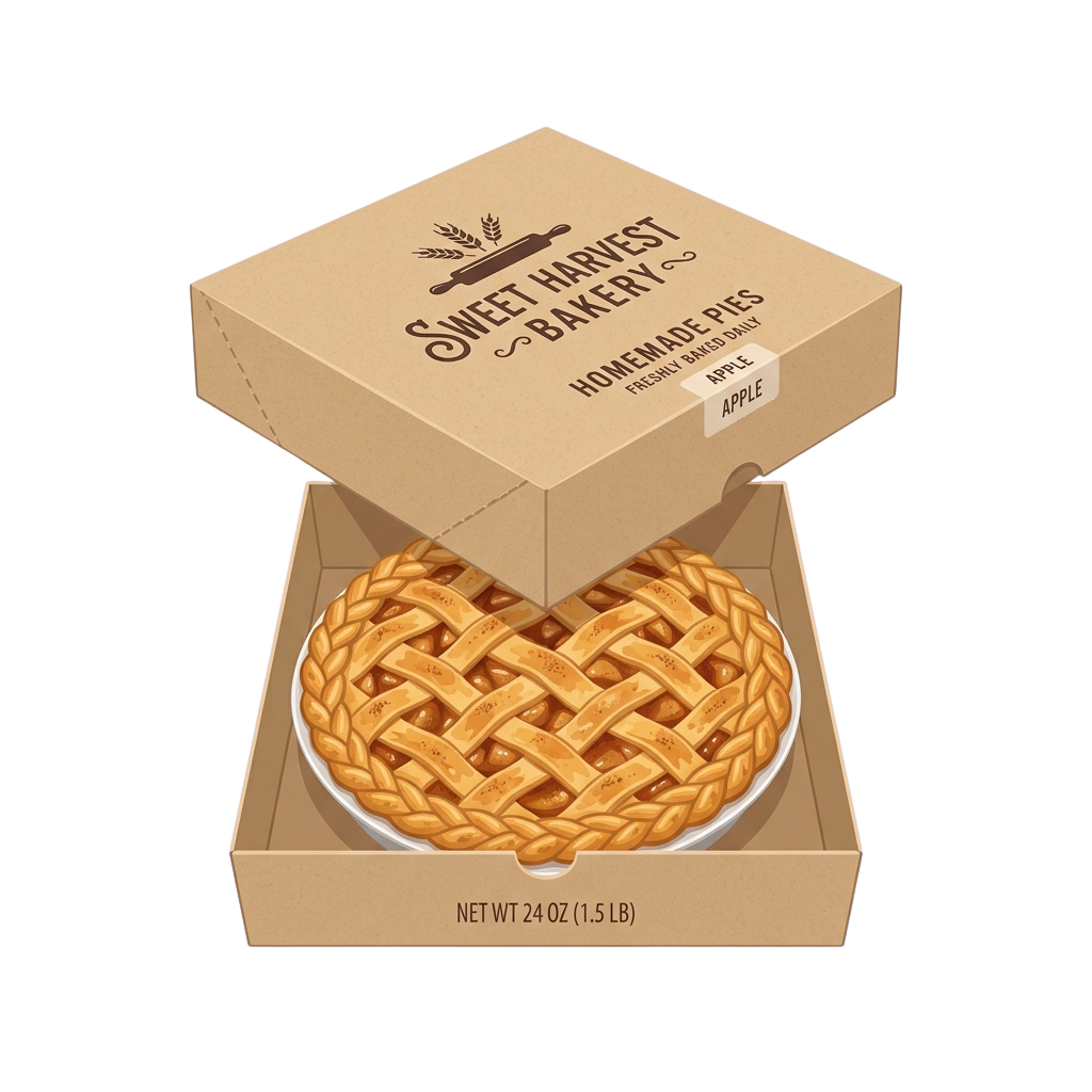 An open box showing a lattice-top apple pie inside, labeled homemade and freshly baked.