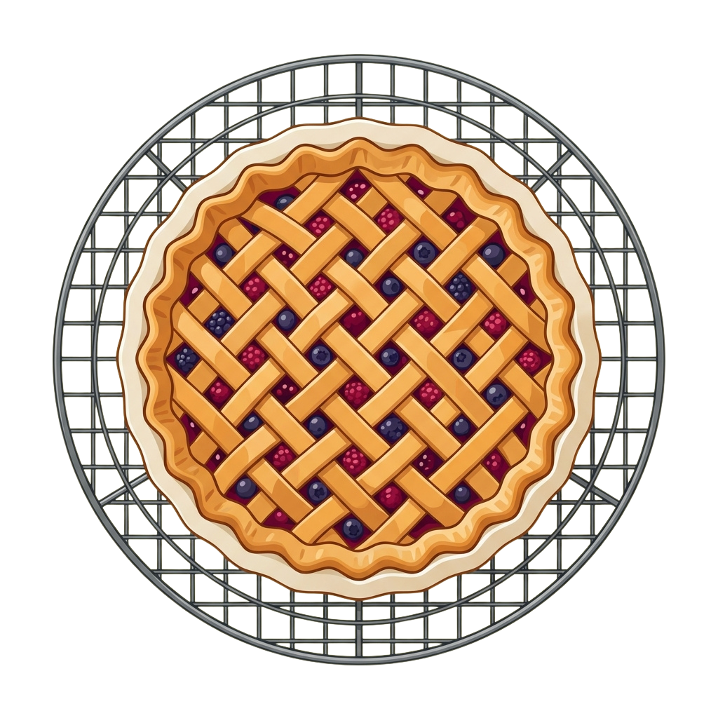 A round berry lattice pie with blueberries and red berries on a wire cooling rack