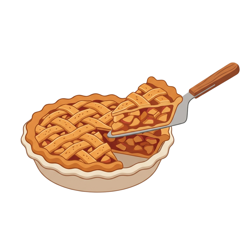 A delicious apple crisp pie in a pie dish with a wooden serving spoon lifting a slice.