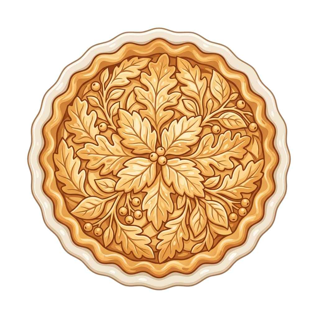 Round pie crust with an intricate golden leaf and berry design pressed into the top