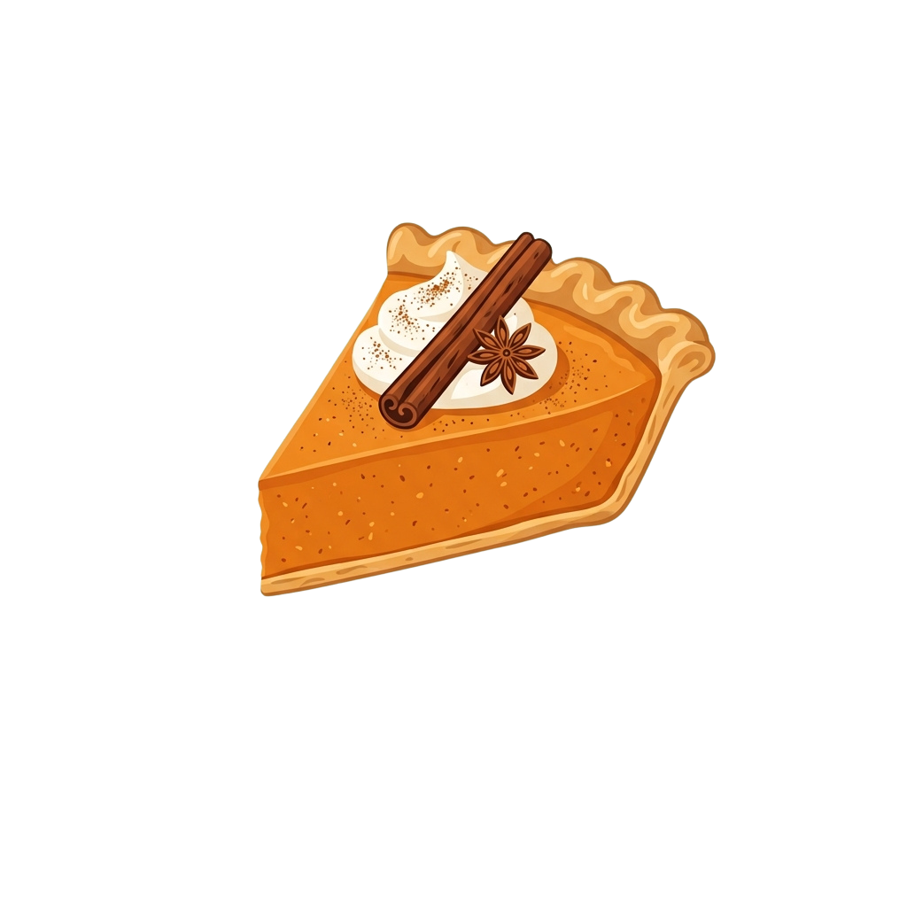 A slice of pumpkin pie topped with whipped cream and a cinnamon stick garnish