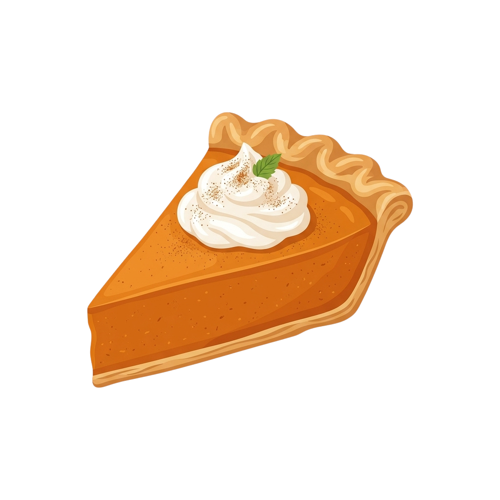 A slice of pumpkin pie topped with whipped cream and a sprinkle of cinnamon, garnished with a green leaf.