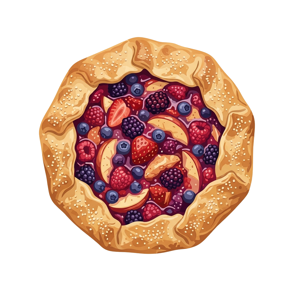 A fruit tart with a golden crust filled with mixed berries including raspberries, blackberries, and blueberries