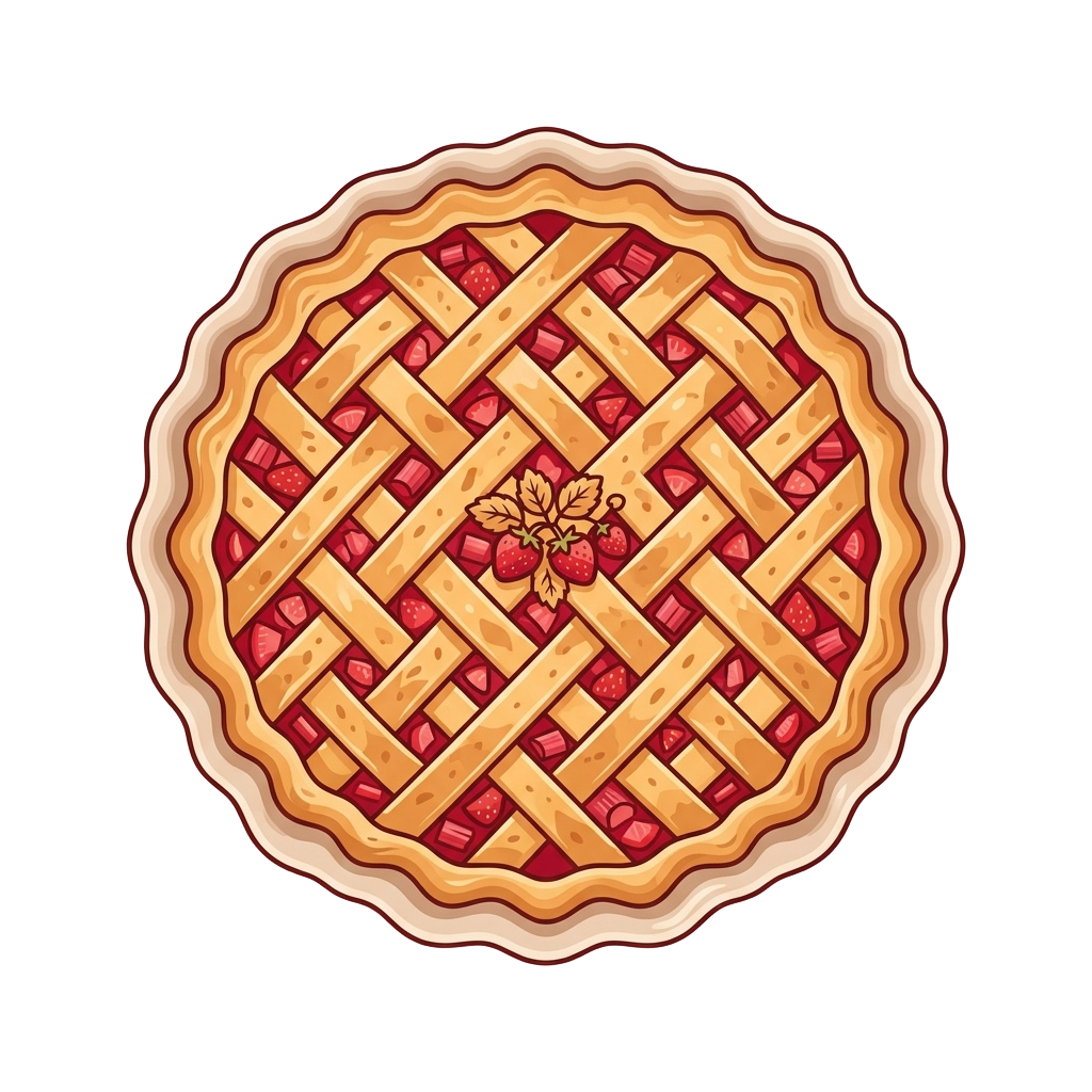 A round lattice-topped pie filled with berries and a decorative leaf design in the center