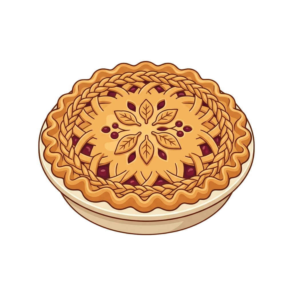 A round fruit pie with a golden crust featuring a floral lattice pattern and berries.