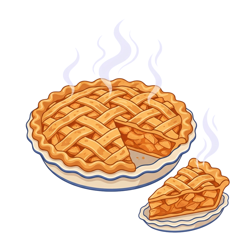 A freshly baked apple pie with a lattice crust on a plate, with a slice removed.