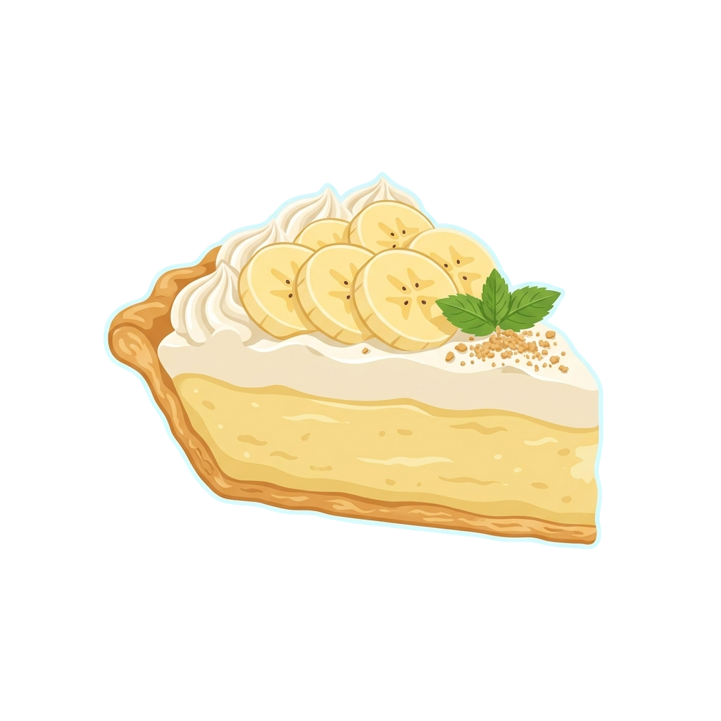 A slice of banana cream pie topped with whipped cream and banana slices, garnished with a mint leaf and crushed nuts