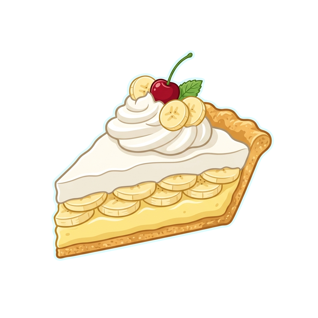 A slice of banana cream pie topped with whipped cream, banana slices, and a cherry.