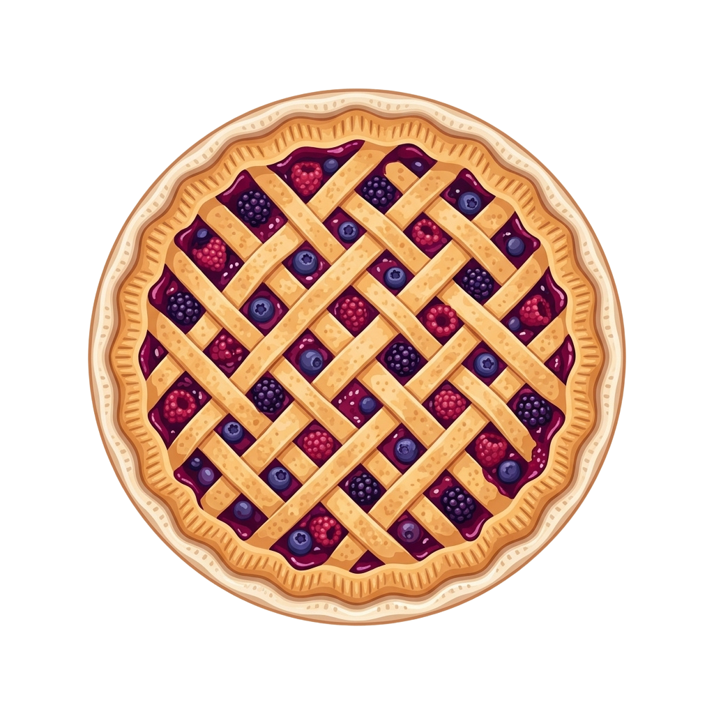 A round lattice-topped pie filled with blueberries and raspberries in a dark purple sauce