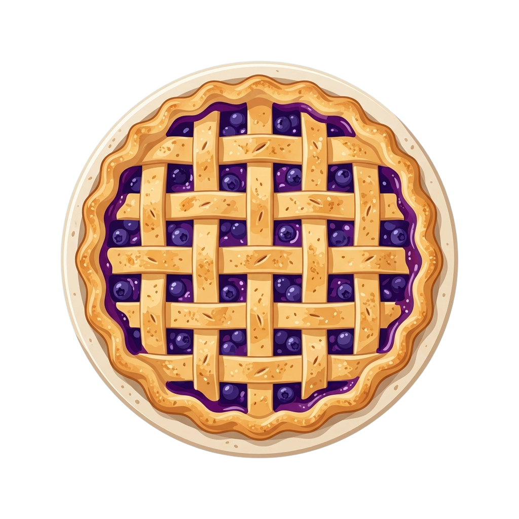 A round blueberry pie with a golden lattice crust pattern and visible blueberries inside