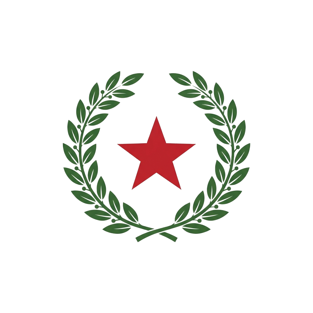A red star centered inside a white silhouette of a hand, surrounded by a green laurel wreath on a black background