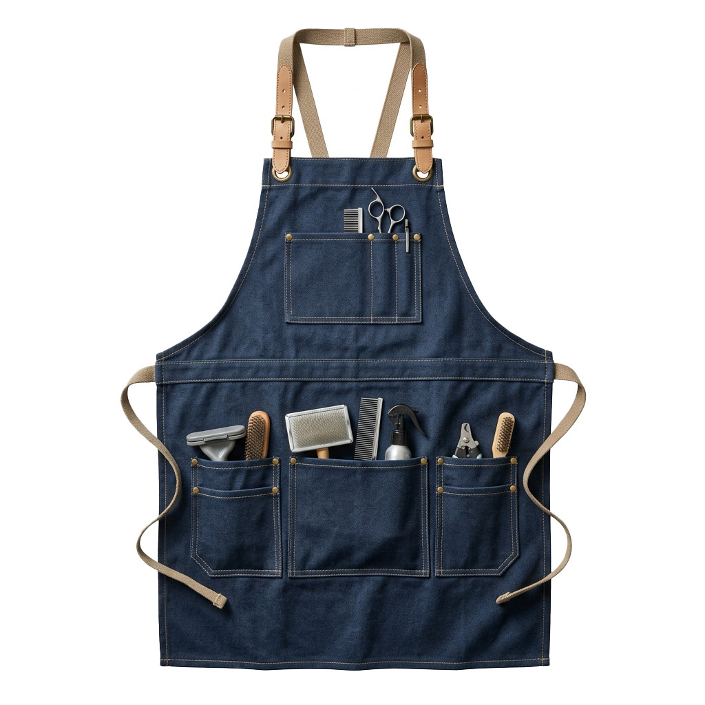 Blue denim apron with multiple pockets holding hairdressing tools and scissors
