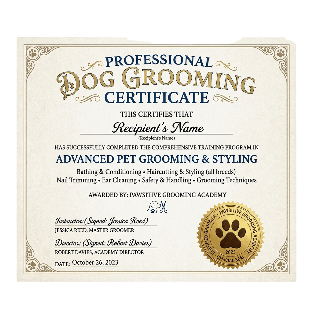 Certificate for completing advanced pet grooming training program with paw print seal
