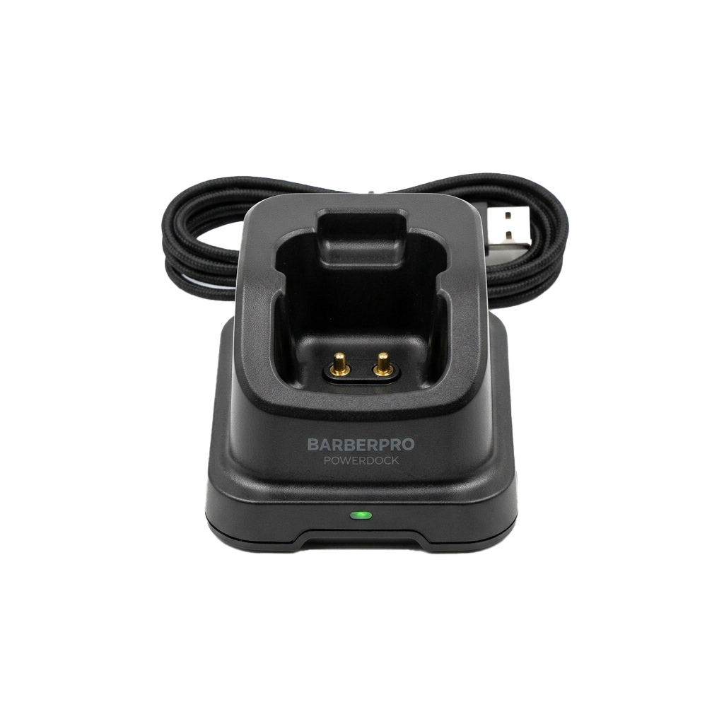 Black power dock charging station for cordless trimmers with a green indicator light