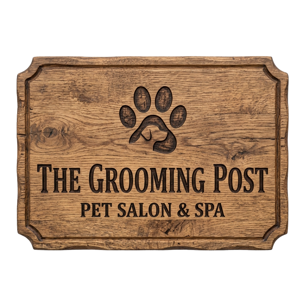 Wooden sign displaying The Grooming Post pet salon and spa with a paw print logo