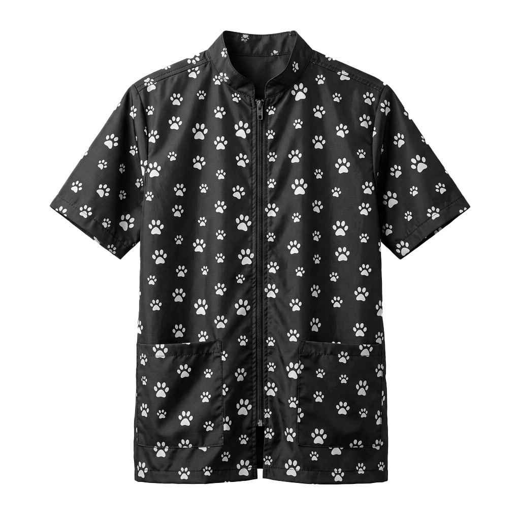 Black short-sleeve shirt featuring a repeating white paw print pattern, fully zipped with two side pockets.