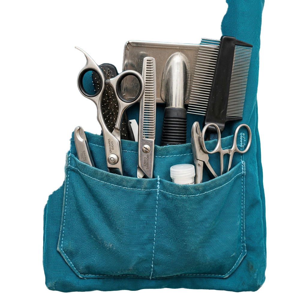 Blue fabric pouch holding hairdressing tools including scissors, combs, and shears