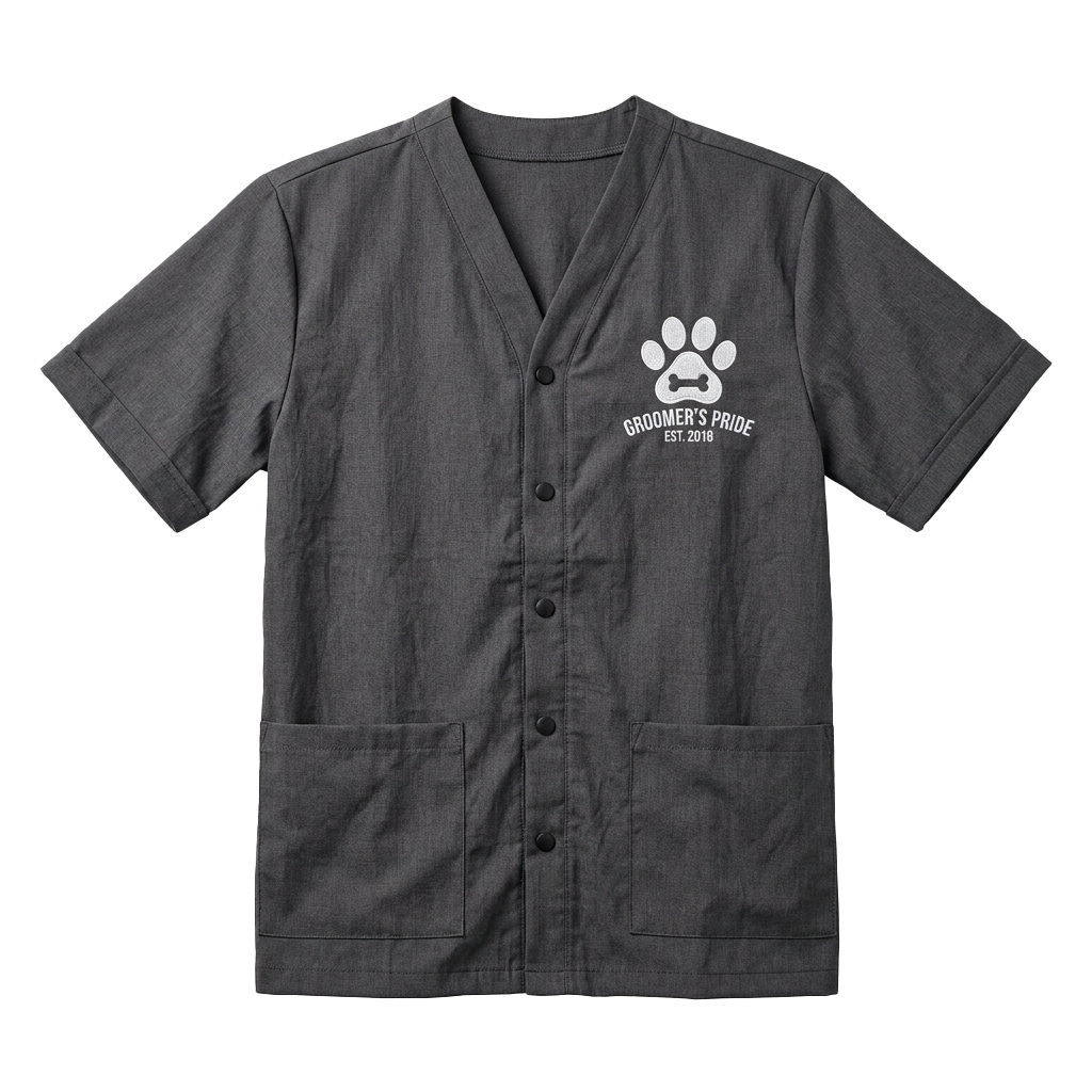 Grey short-sleeved button-up shirt featuring a paw print and grooming-related text on the chest