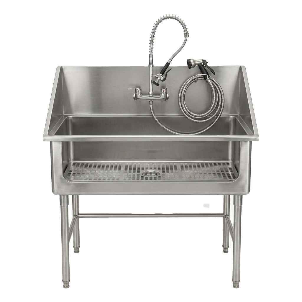 Stainless steel utility sink with attached hose and faucet on a metal stand