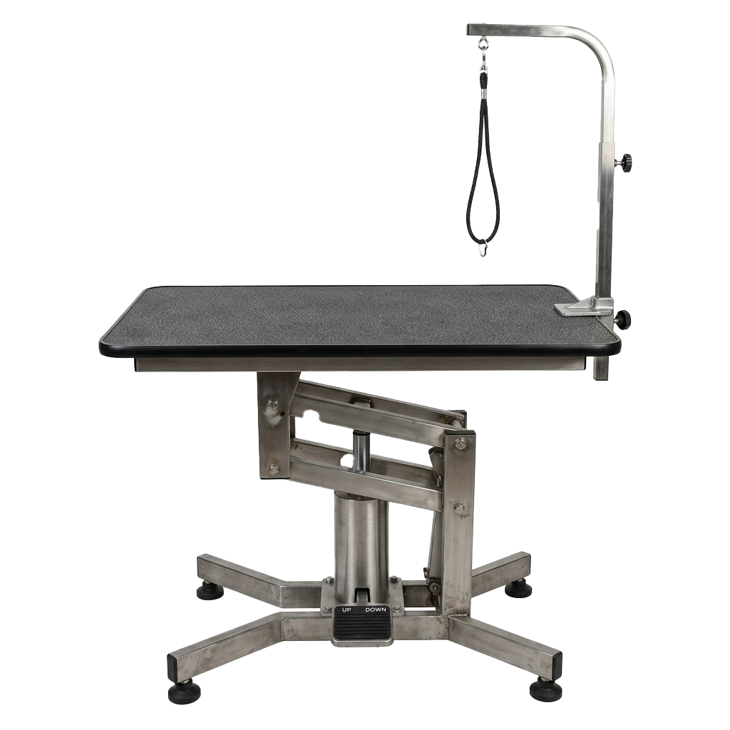 Adjustable veterinary exam table with a non-slip surface and hydraulic lift mechanism for raising and lowering the tabletop