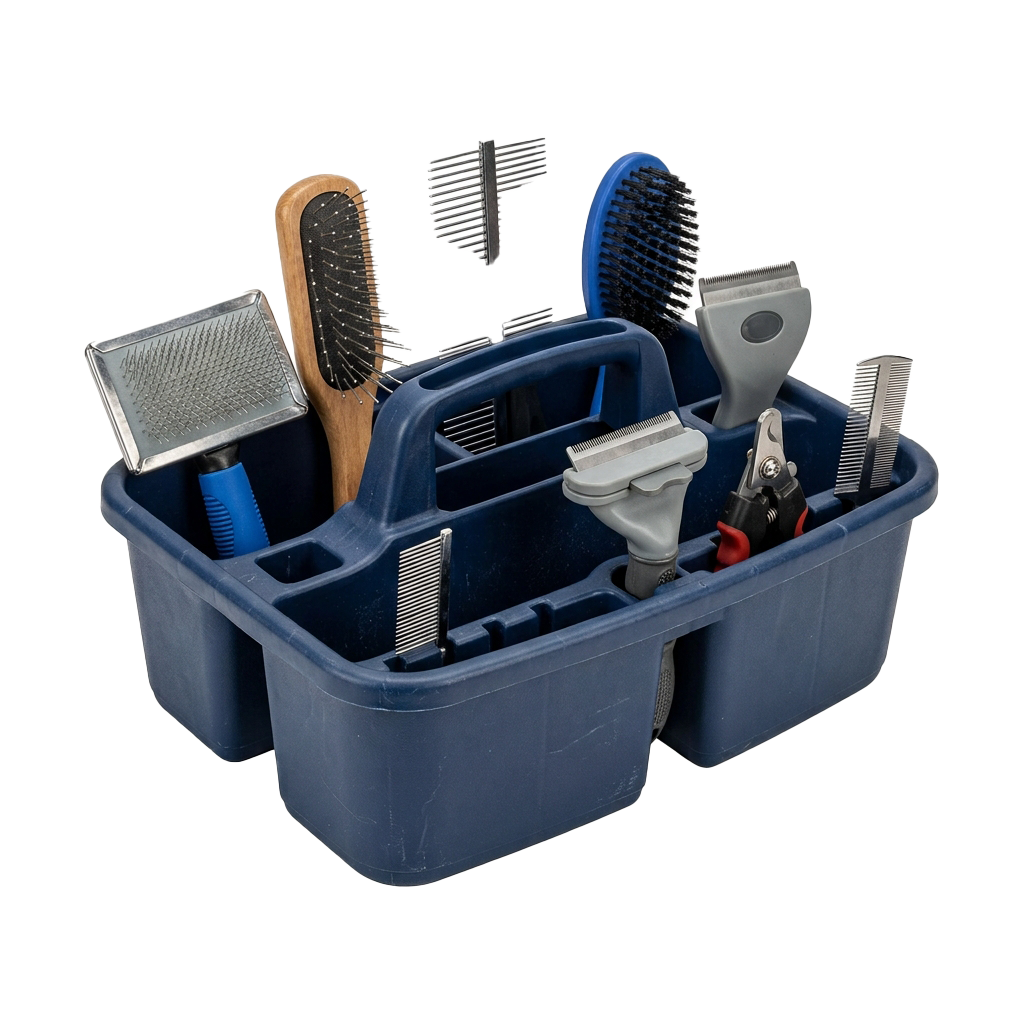 Blue plastic tray holding various pet grooming tools including brushes, combs, and claw clippers