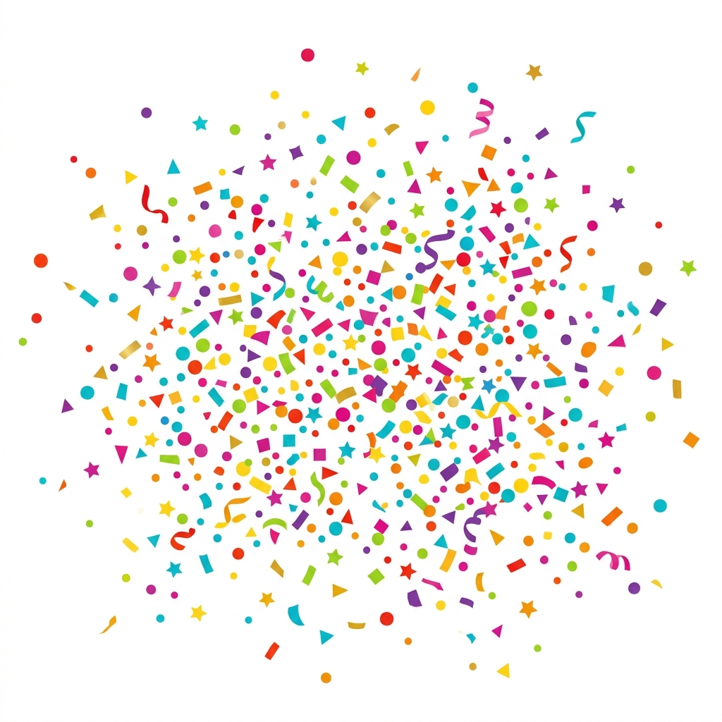 Brightly colored confetti shapes including stars, circles, triangles, and ribbons scattered across a white background